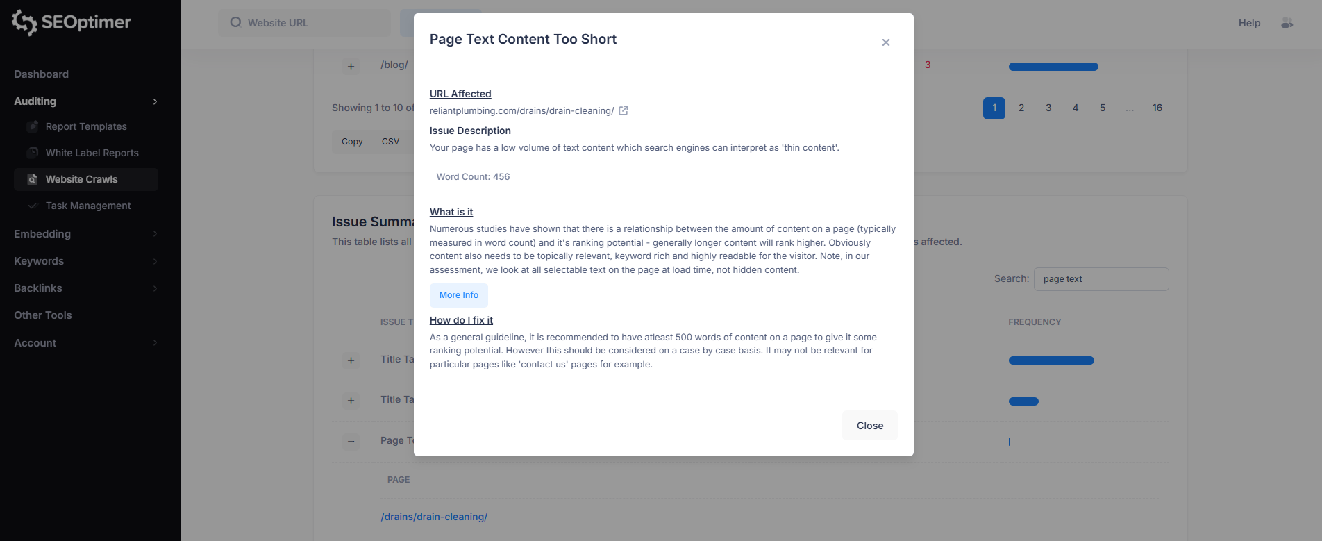 Le contenu texte de la page est trop court